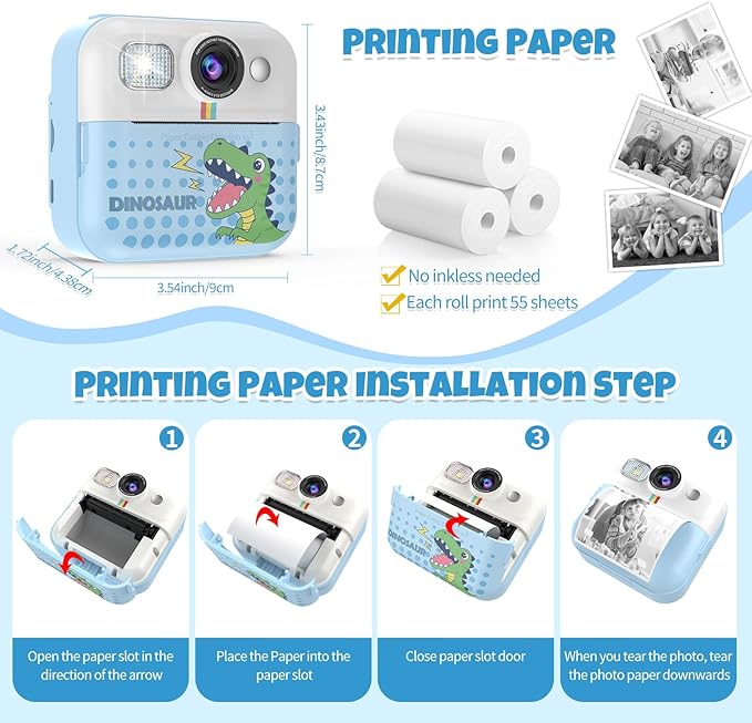 Instant Print Camera for Kids, Toddler 1080P Toys Printable Selfie Cameras, Christmas Birthday Gifts for Girls Boys Age 3-10 with 3 Roller Photo Paper(Blue)