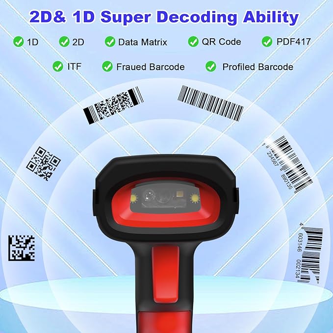 Industrial 2D Bluetooth Barcode Scanner with Charging Base,Bluetooth & 433MHz Wireless 2-in-1 1968ft Transmission Distance,Auto-scanning Available,Support on DPM Code
