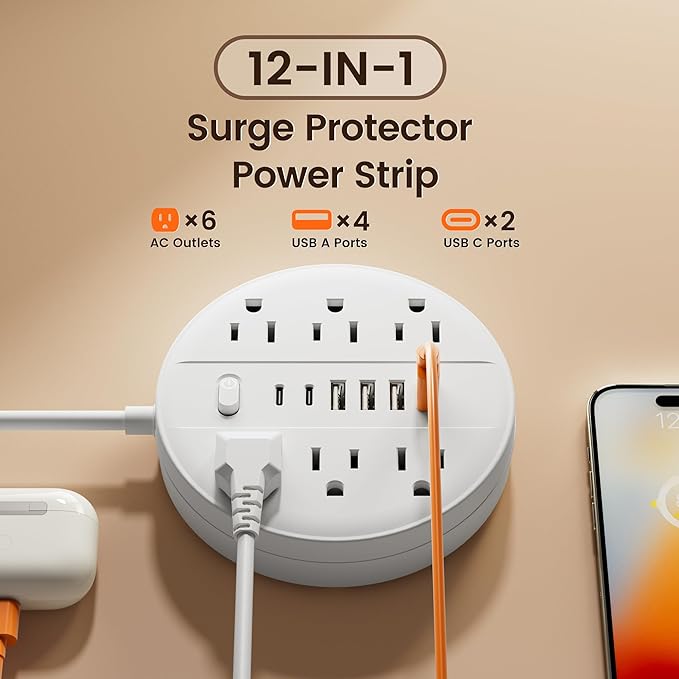10 FT Surge Protector Power Strip, Chiefway Extension Cord with Multiple Outlets, 6 AC Outlets, 4 USB & 2 USB C, On/Off Switch, Portable Outlet Extender, Flat Plug, Wall Mountable for Office Home Dorm