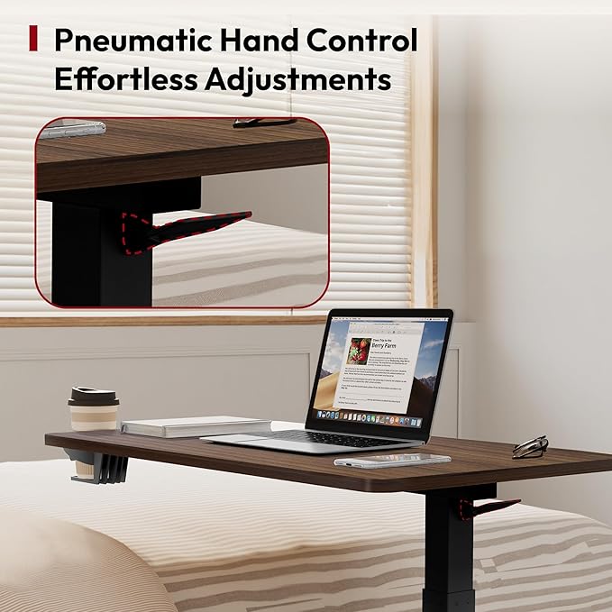 SANODESK Medical Adjustable Overbed Bedside Table with Hidden Casters, Pneumatic Mobile Laptop Computer Standing Desk Cart with Tray, Hospital and Home Use(31.5" W x 17.7" D, Walnut)