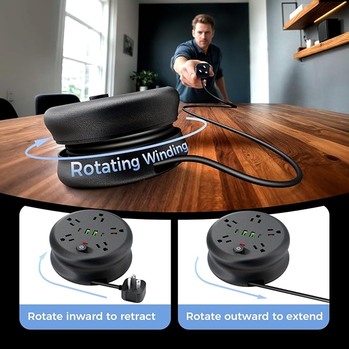 Power Strip Surge Protector-6.56 ft Retractable Travel Extension Cord Portable Powerstrip with 5 Outlet 2 Smart USB Port 2 USB C for Home Office Travel