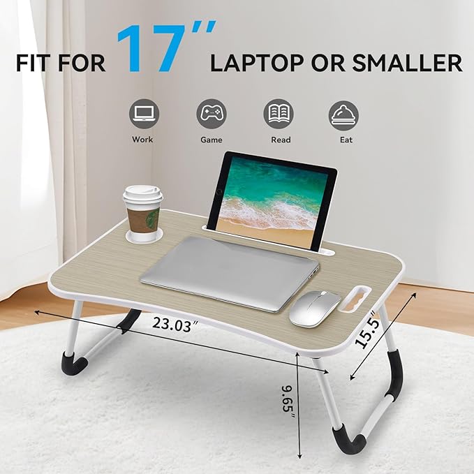 BUYIFY Folding Lap Desk, 23 Inch Portable Wood Brown Laptop Bed Desk Lap Desk with Cup Holder, for Working Reading Writing, Eating, Watching Movies for Bed Sofa Couch Floor