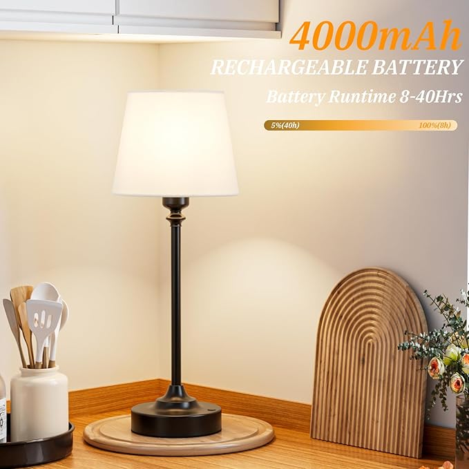 Cordless Table Lamps Rechargeable Set - 2 Pack Black 4000mAH Battery Operated Lamps for Decor, 3000K Stepless Dimming Touch Control Wireless Lamps for Bedroom, Dining Table, Living Room, White Shade