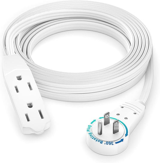 Maximm Cable 12 Ft 360° Rotating Flat Plug Extension Cord, 16/3 AWG Multi 3 Outlet 3-Prong Grounded Wire- White - UL Certified