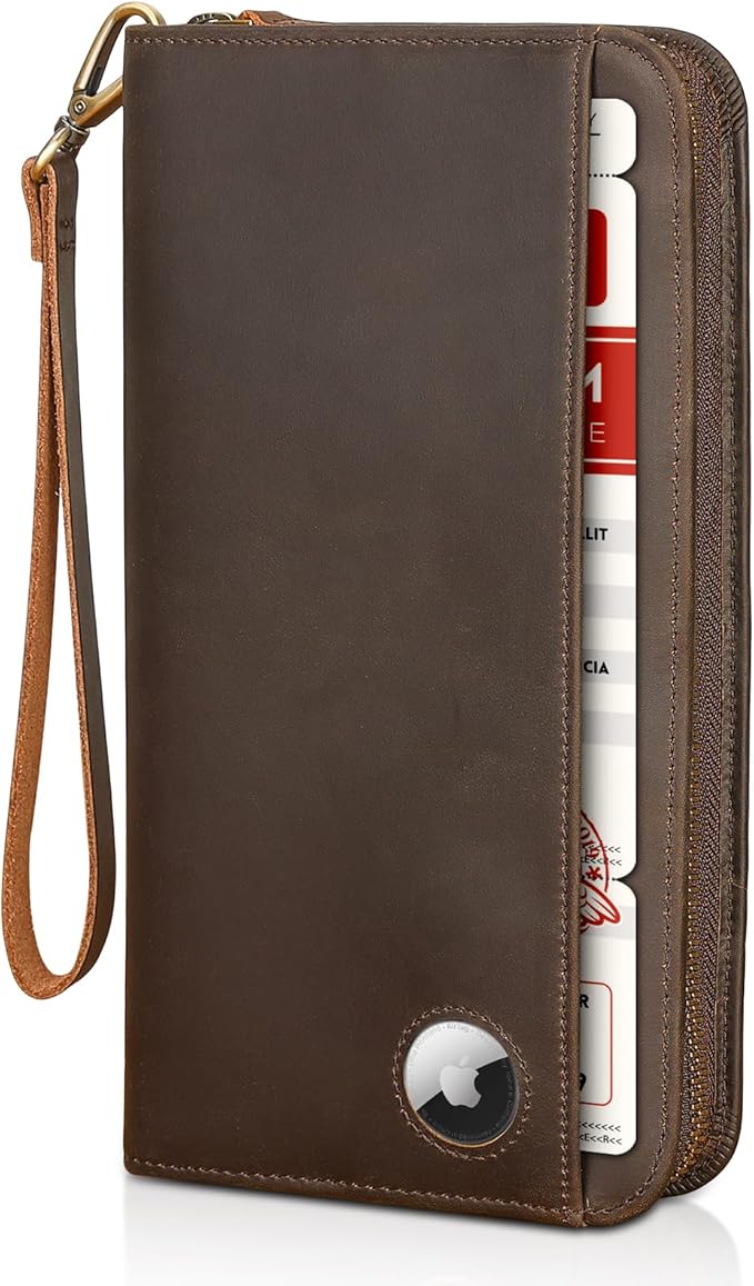 Polare Full Grain Leather Family Passport Holder Travel Documents Organizer RFID Blocking Wallet with Coin Pouch and AirTag Slot Fits 6 Passports