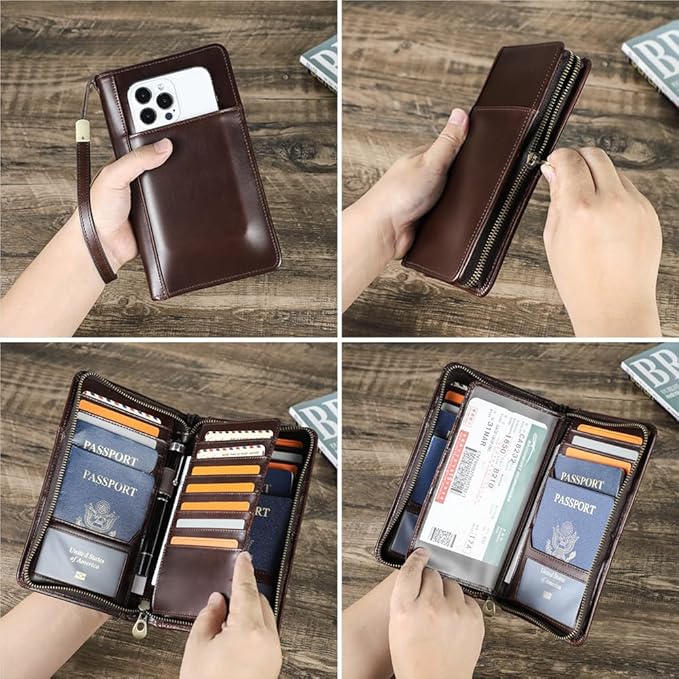 CONTACTS Travel Passport Wallet for Men Leather Family Passport Holder Travel Clutch Wallet Zipper Wrist Card Purse RFID Blocking with 13 Card Slot Fit up 4 Passports