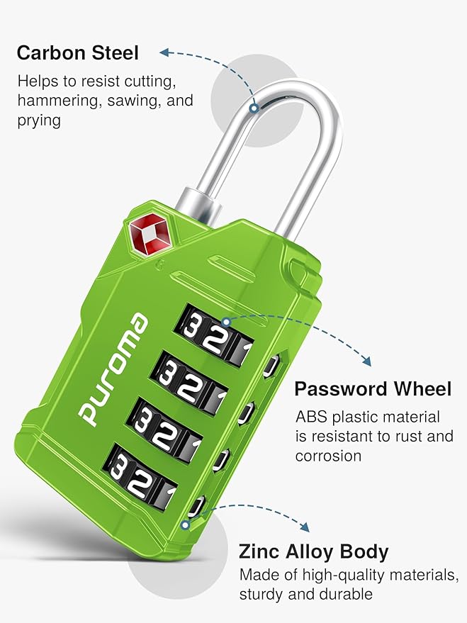 Puroma TSA Approved Luggage Locks, 2 Pack 4 Digit Resettable Travel Combination Code Lock with Zinc Alloy Body for Suitcase, Backpack, Laptop Bag, Gym Locker, Toolbox (Green)