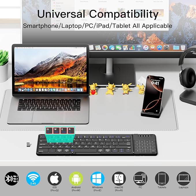 XIWMIX 2-in-1 Foldable Bluetooth Keyboard with Touchpad & Number Pad, Multi-Device Folding Wireless Rechargeable Portable Travel Keyboard for iPad,Laptop,PC,Compatible with Windows,iOS,Android,MacOS