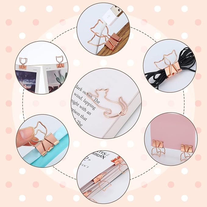 Eersida 55 Pieces Cat Binder Clips 30 Pcs Cute Metal Paper Clips and 2 Size 25 Pcs Rose Gold Pet Binder with Clear Box Fun Animal Supplies for School Office Paper Bookmark Cat Lovers Gift