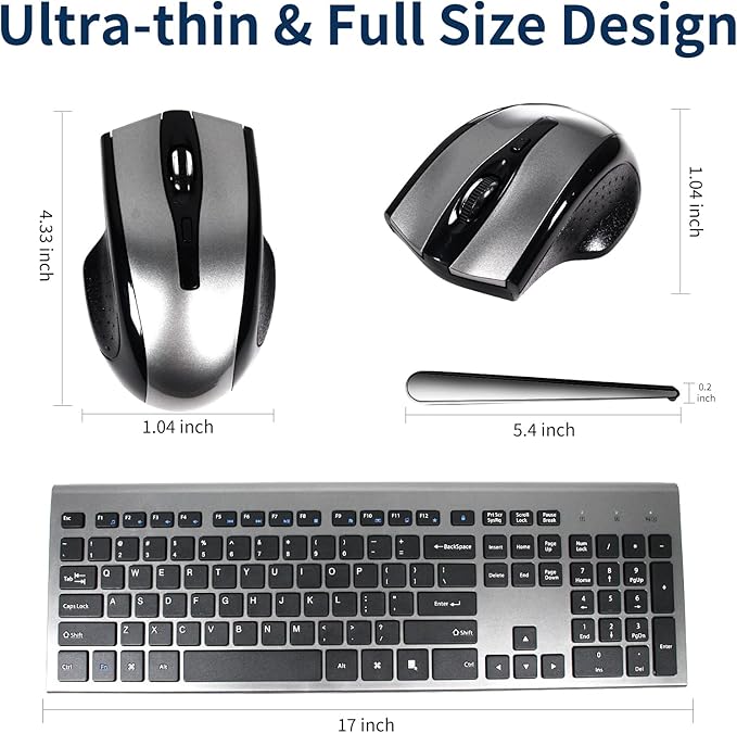 Wireless Keyboard and Mouse Combo 17inch Full Size 2.4G USB Ergonomic Slim Wireless Keyboard for PC Laptop Tablet Desktop Computer,Windows Silver Gray (Black Gray)