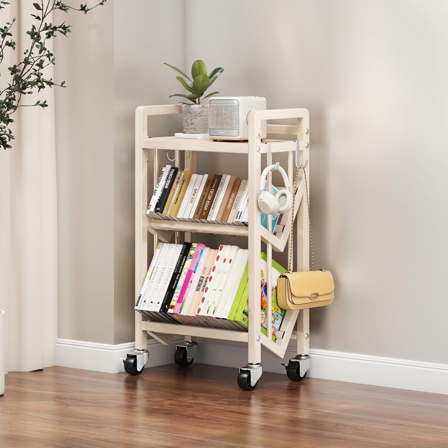 Bookshelf Movable Book Cart Multi-Layer Storage Rack Large-Capacity Rolling Cart L-Shaped Carbon Steel Shelf Suitable for Storing Books, Magazines, Newspapers, Shoes