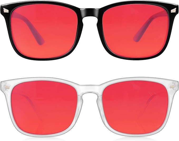 2 Packs Professional Sleep Glasses with 99.9% Blue Light Blocking Dual AR Coatings Red Lens, Computer Gaming Glasses for Men Women, Anti Fatigue & Eye Strain
