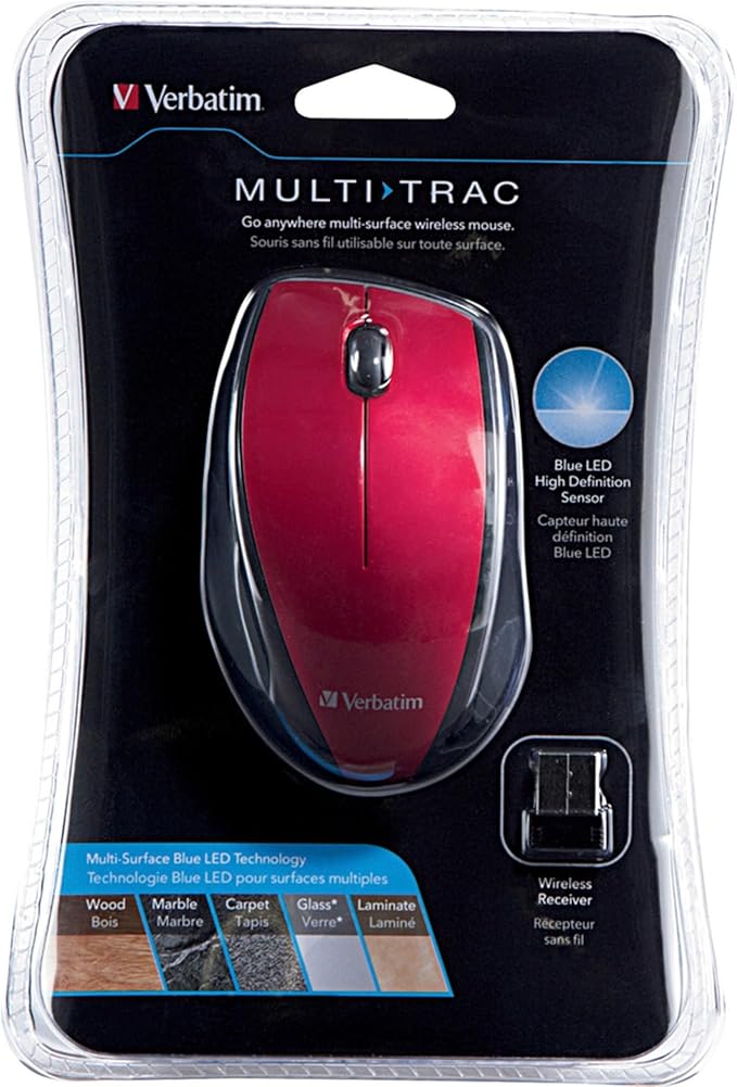 Verbatim Wireless Multi-Trac Mouse 2.4GHz with Nano Receiver - Ergonomic, Blue LED, Portable Mouse for Mac and Windows - Red