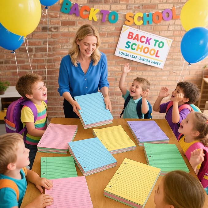 Koogel Wide Ruled Loose Leaf Paper, 8 x 10.5 Inch Filler Notebook Lined Paper, 5 Color, 3 Hole Punch Lined Writing Notebook for 3 Ring Binders for College Essentials School Office Supplies, 300 Sheets