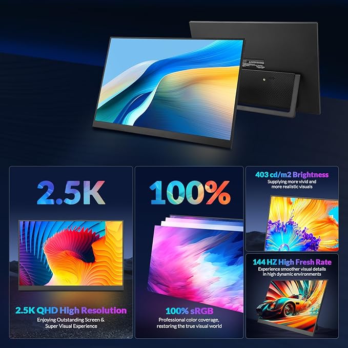 Rii Portable Gaming Monitor, 16" 144Hz QHD 2.5K 2560X1600 16:10 FreeSync 100% sRGB, IPS HDR USB-C HDMI Display, Travel Monitor for Laptop PC Phone Mac Game Console, VESA Mountable, with Kickstand