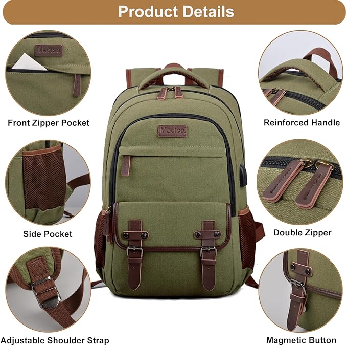 Mactso Canvas Travel Laptop Backpack for Men Women, Business Work Rucksack College School Computer Bag Fits 15.6 Inch Notebook,Bookbag with USB Charging Port (Green, 15.6 Inch)