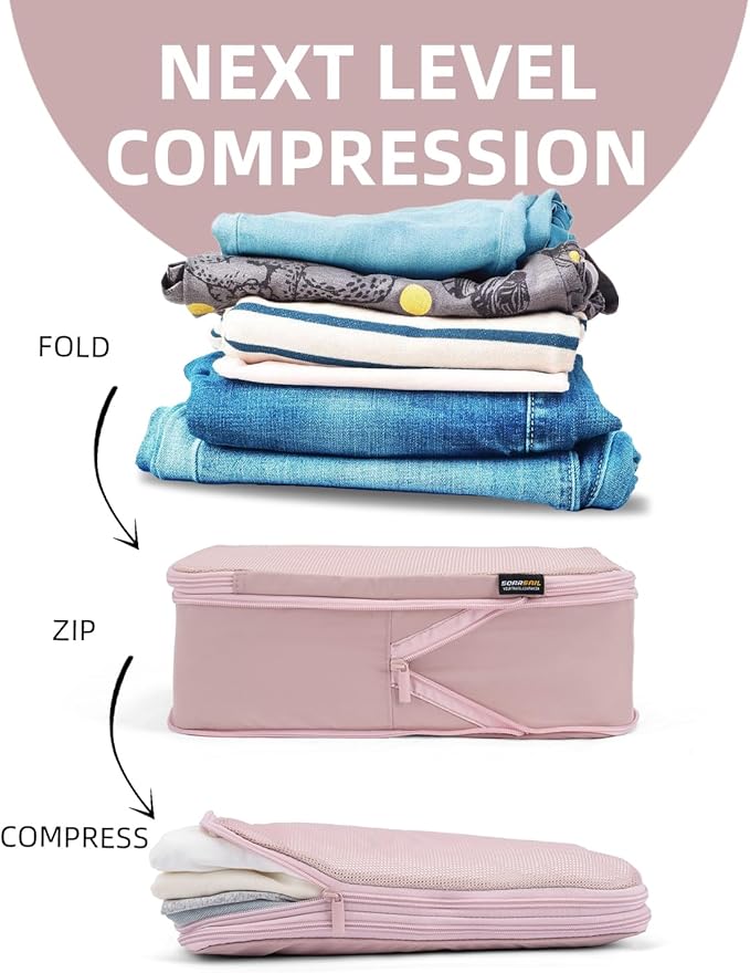6 Set Compression Packing Cubes, Suitcase Storage Bags for Clothes and Travel Essentials (Dusty Pink)