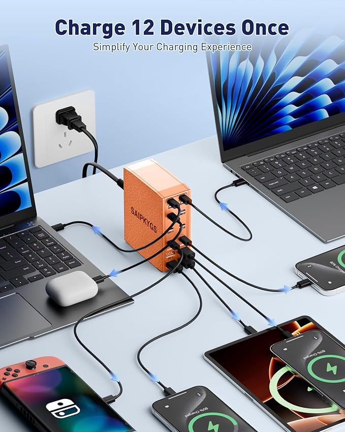 USB Charging Station (600W),12-Port USB C Charger Block with Dual 100W PD USB-C Fast Charging Station Hub for MacBook Pro/Air/All iPad Phone 17/16 15/14/13/Pro Max/Samsung Galaxy Note(Orange)