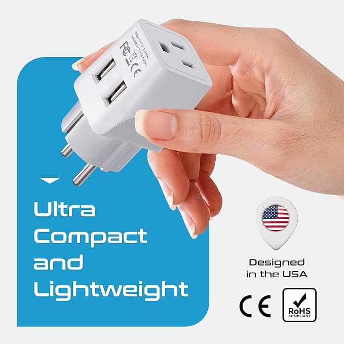 Ceptics Schuko, Germany, France, Spain Travel Adapter Plug with Dual USB - Usa Input Type E/F - Ultra Compact Perfect for Cell Phones, Laptop, Camera Chargers, iWatch, iPad, iPhone and More (CTU-9)