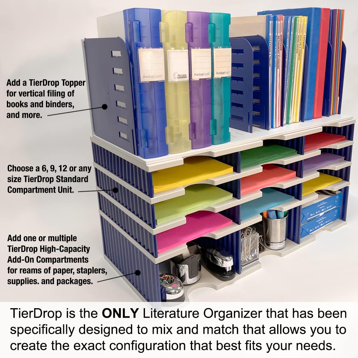 Ultimate Office TierDrop High Capacity Storage Rack, Steel, Gray W/Blue, 9 Compartments, 28.5in x 11.5in x 13in