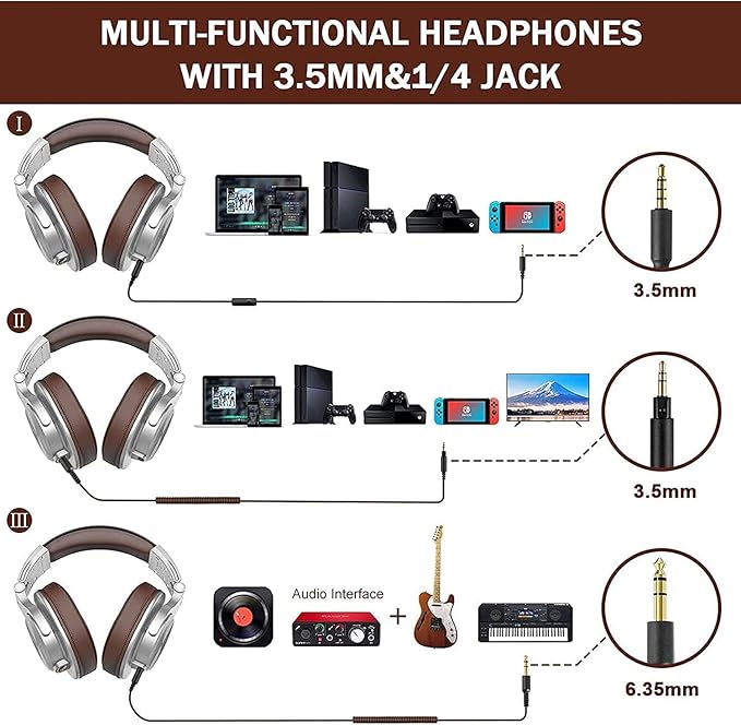 OneOdio A71 Hi-Res Studio Recording Headphones - Wired Over Ear Headphones with SharePort, Monitoring Mixing Foldable Headset with Stereo Sound, 3.5/6.35MM Jack for PC Computer DJ Guitar-Silver