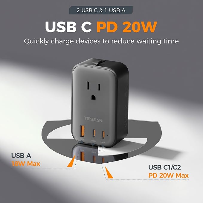 TESSAN Travel Adapter PD 20W, International Power Adapter 2 USB C 1 USB A, Ultra Thin Universal Plug Adaptor Worldwide Outlet for US to European UK Italy Spain New Zealand (Type C G A I)