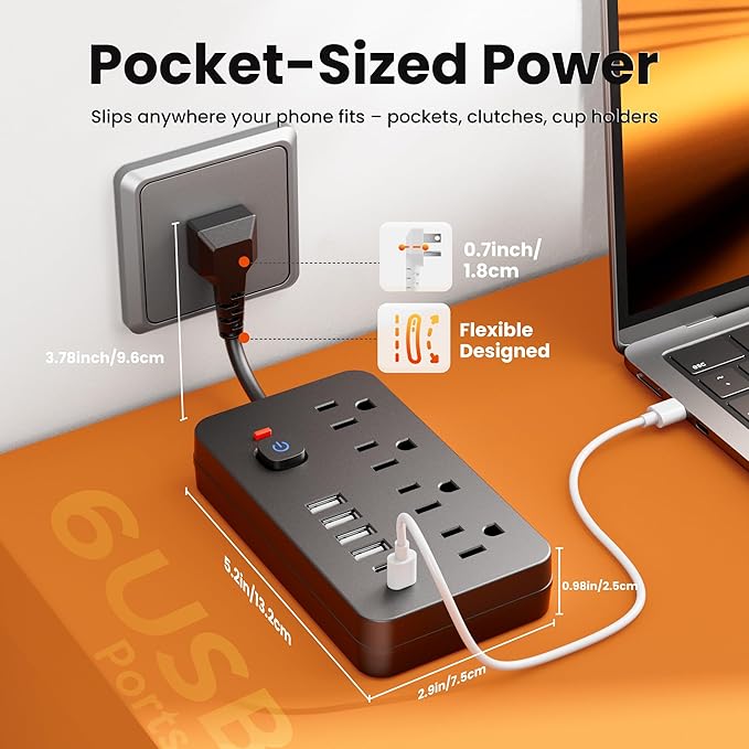 Power Strip Surge Protector Extension Cord - Chiefway 4 AC Outlets, 6 USB Ports (2 USB C) Short Cord Outlet Extender, with One-Touch Switch, Wall Mountable for Home Office Travel Dorm, Black