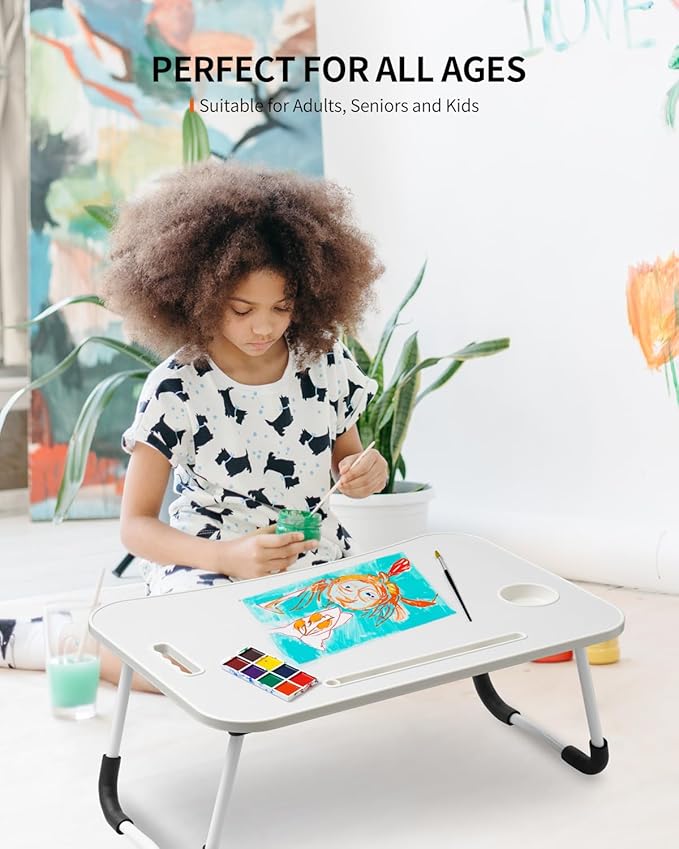 Foldable Laptop Table, Portable Lap Desk Bed Table Tray, Laptop Stand with Cup Holder & Tablet Slot & Lifting Handle for Working Writing Drawing & Eating (White)