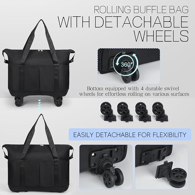 VOOWO Duffel Bag with Wheels - Rolling Foldable Expandable Duffle Bag with Wheels for Travel, Rolling Luggage Bag Carry On Travel Bag with Wheels, Large Wheeled Overnight Weekender Bag (Black)