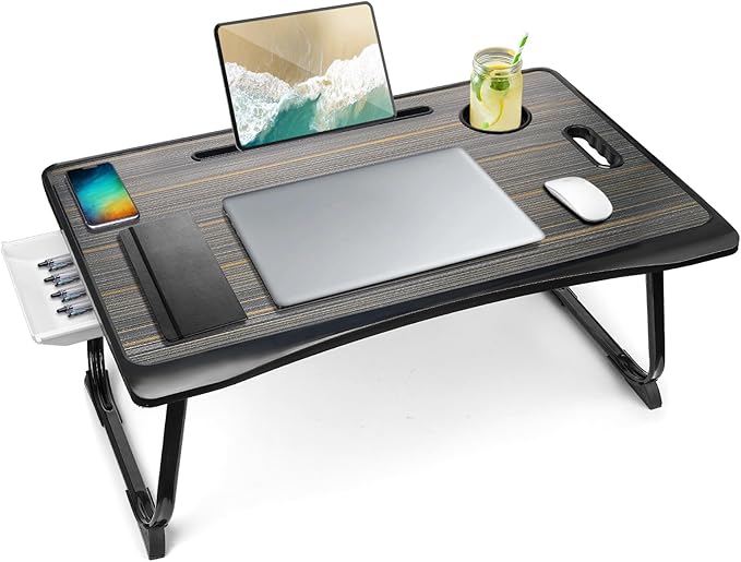Amaredom Laptop Bed Desk Tray Bed Table, Foldable Portable Lap Desk with Storage Drawer and Cup Holder for Eating Breakfast on Bed/Couch/Sofa-Black