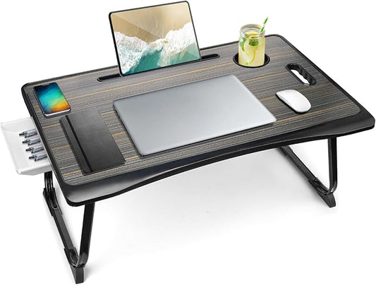 Amaredom Laptop Bed Desk Tray Bed Table, Foldable Portable Lap Desk with Storage Drawer and Cup Holder for Eating Breakfast on Bed/Couch/Sofa-Black