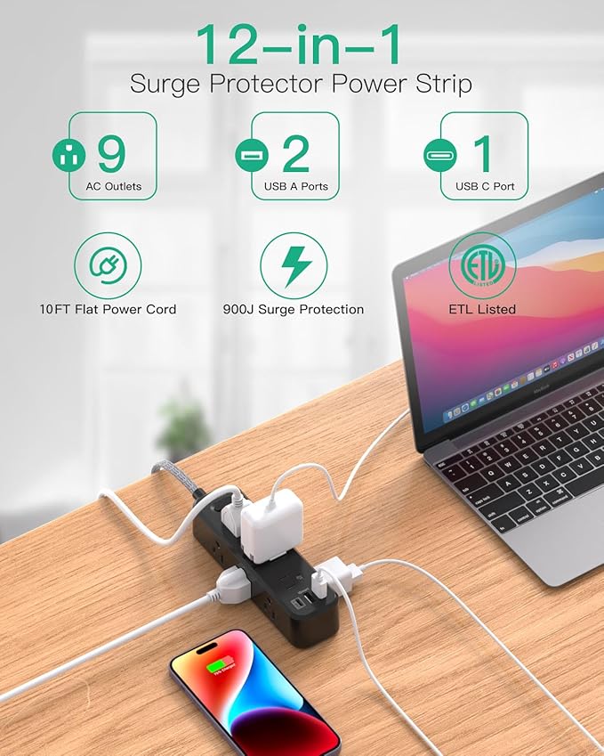 Black Extension Cord 10FT, Surge Protector Power Strip, Long Extension Cord with 9 Outlets 3 USB Ports, Extension Cord with Multiple Outlets, USB Power Strip for Home, Office, Dorm Room Essentials