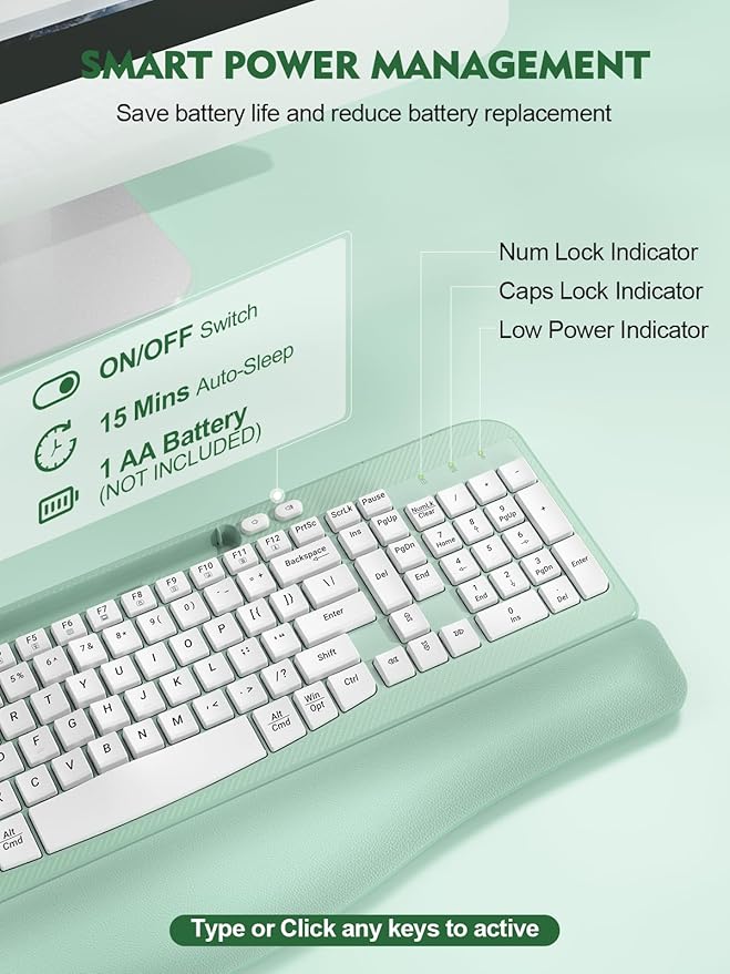 Ergonomic Wireless Keyboard with Cushioned Wrist Rest, Wave Keys, Phone Holder, Comfortable Natural Typing, 2.4GHz Full Size Cordless USB Computer Keyboard for Laptop, Mac, Windows (Mint Green)