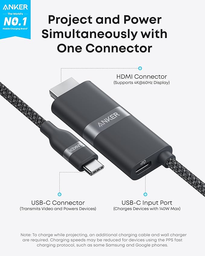 Anker Nano USB C to HDMI Cable Adapter with 140W PD Fast Charging Port, 4K@60Hz,Sustainable with Advanced Shielding, Thunderbolt 5/4/3 Compatible, for MacBook, iPhone, HD TV (6FT,Black)