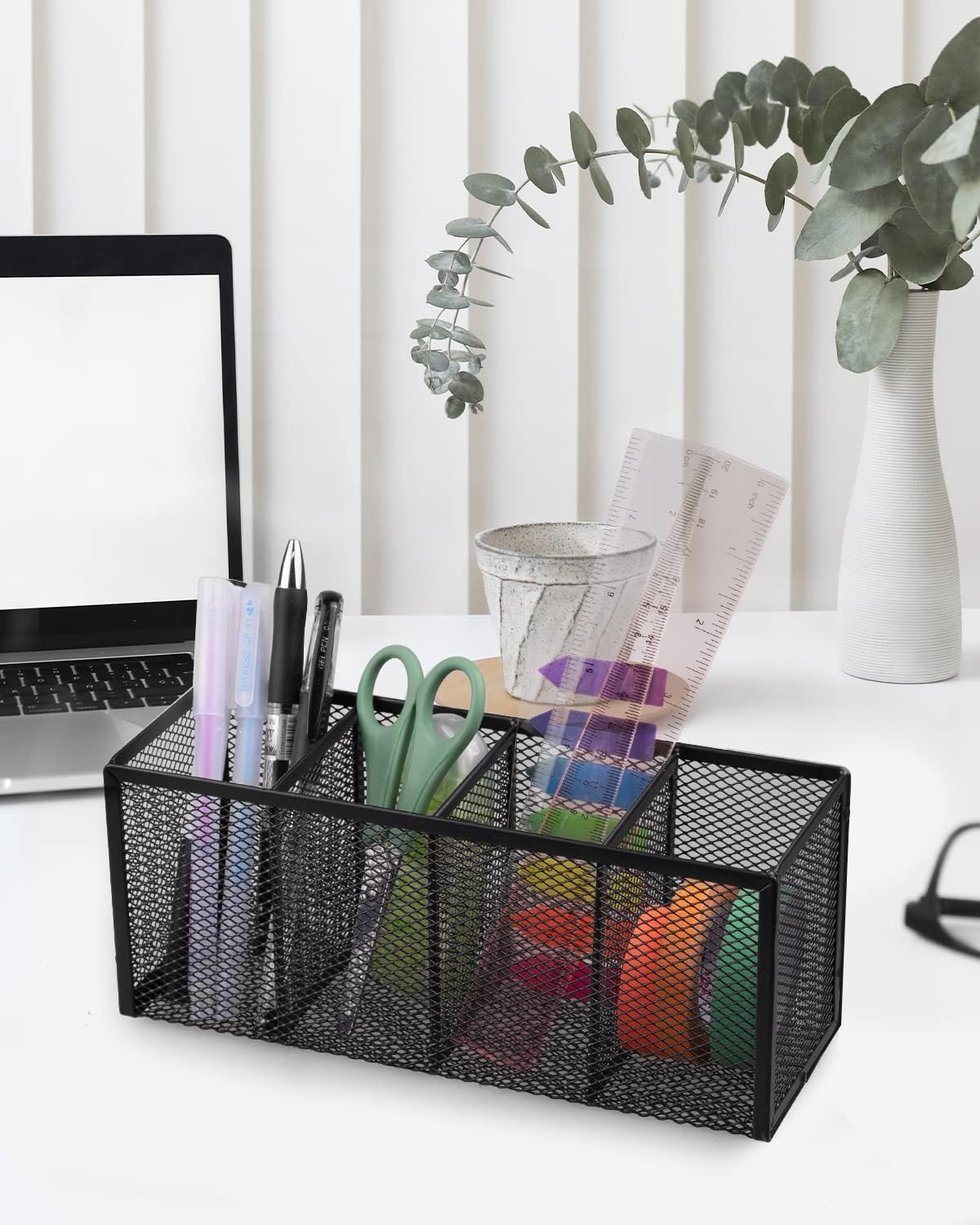 QYH Pencil Holder 4 Compartments,Metal Mesh Pen Storage Pencil Cup Makeup Brush Holder for Office Desk Accessories