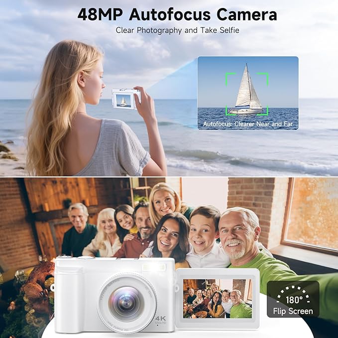 Zostuic 4K Digital Camera, 48MP Autofocus Anti-Shake Vlogging Camera for YouTube Video, 3'' 180Flip Screen with Flash 16X Zoom 32GB Card, Compact Travel Camera with Battery Charger