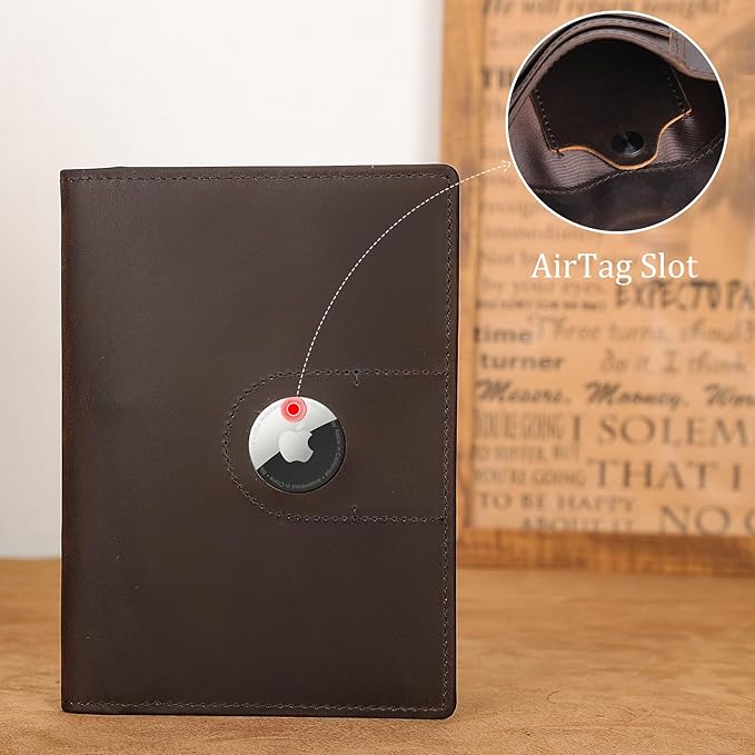 Polare Slim RFID Blocking Leather Passport Holder Travel Bifold Wallet For Men (Dark Brown with AirTag Slot-B)
