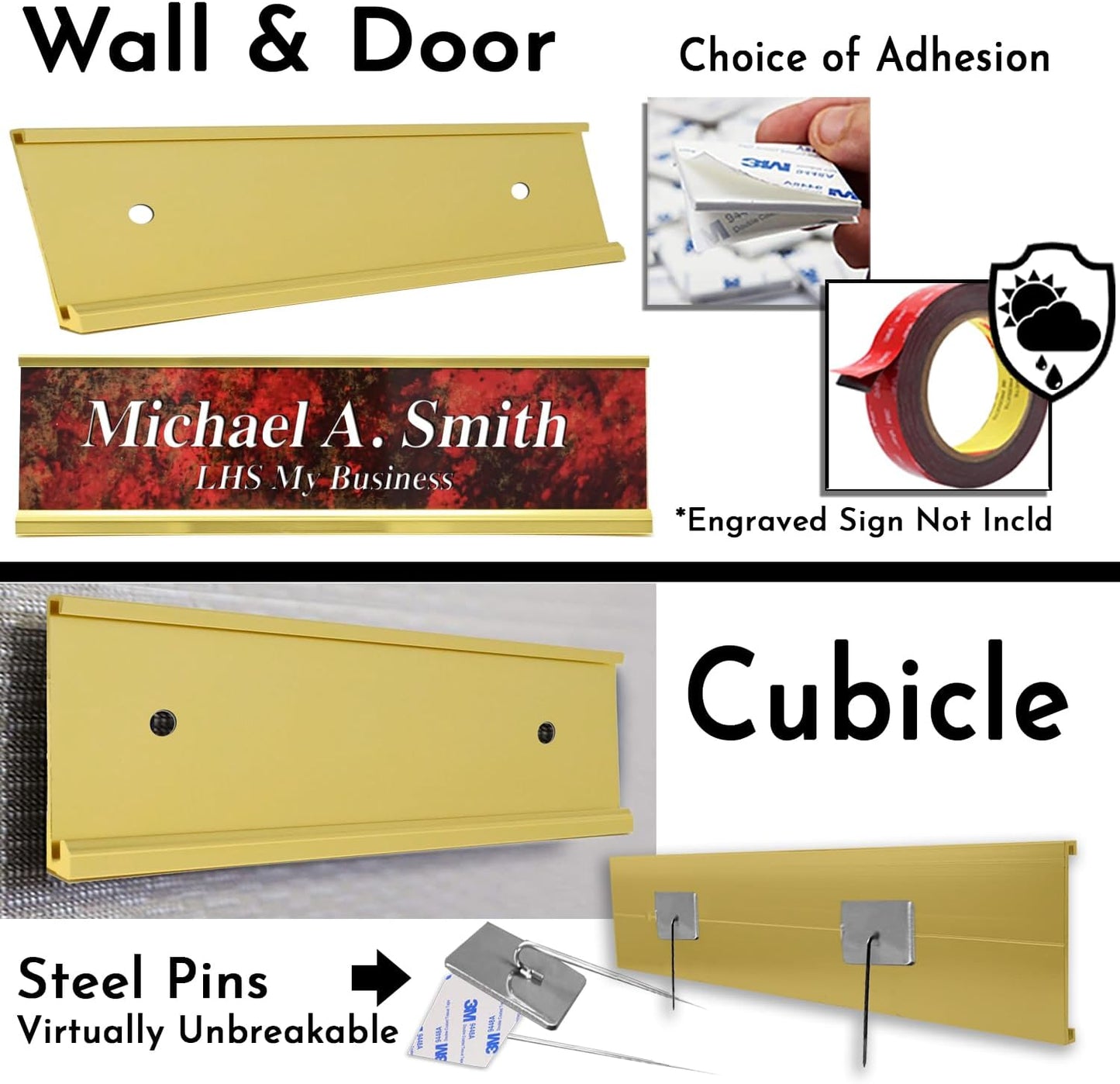 2x8 Executive Name Plate Holder, Yellow Aluminum Adhesive Door Mount for Wall Plaques, Mailbox Signs and Cubicles | Made in USA