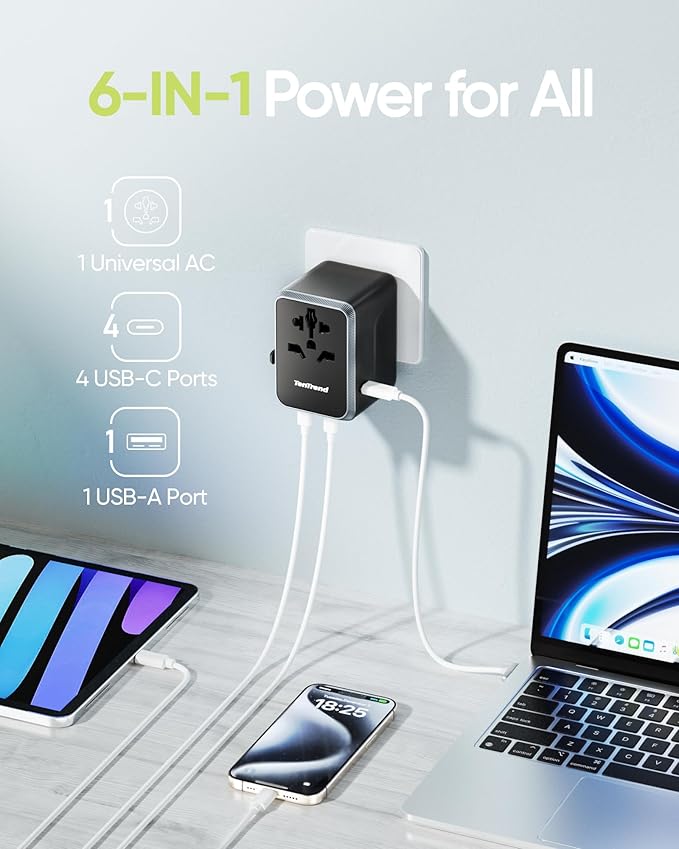 Universal Travel Adapter, 45W International Power Adapter with 4 USB-C & 1 USB-A Ports, European Travel Plug Adapter, Worldwide Travel Essentials for EU UK AUS USA