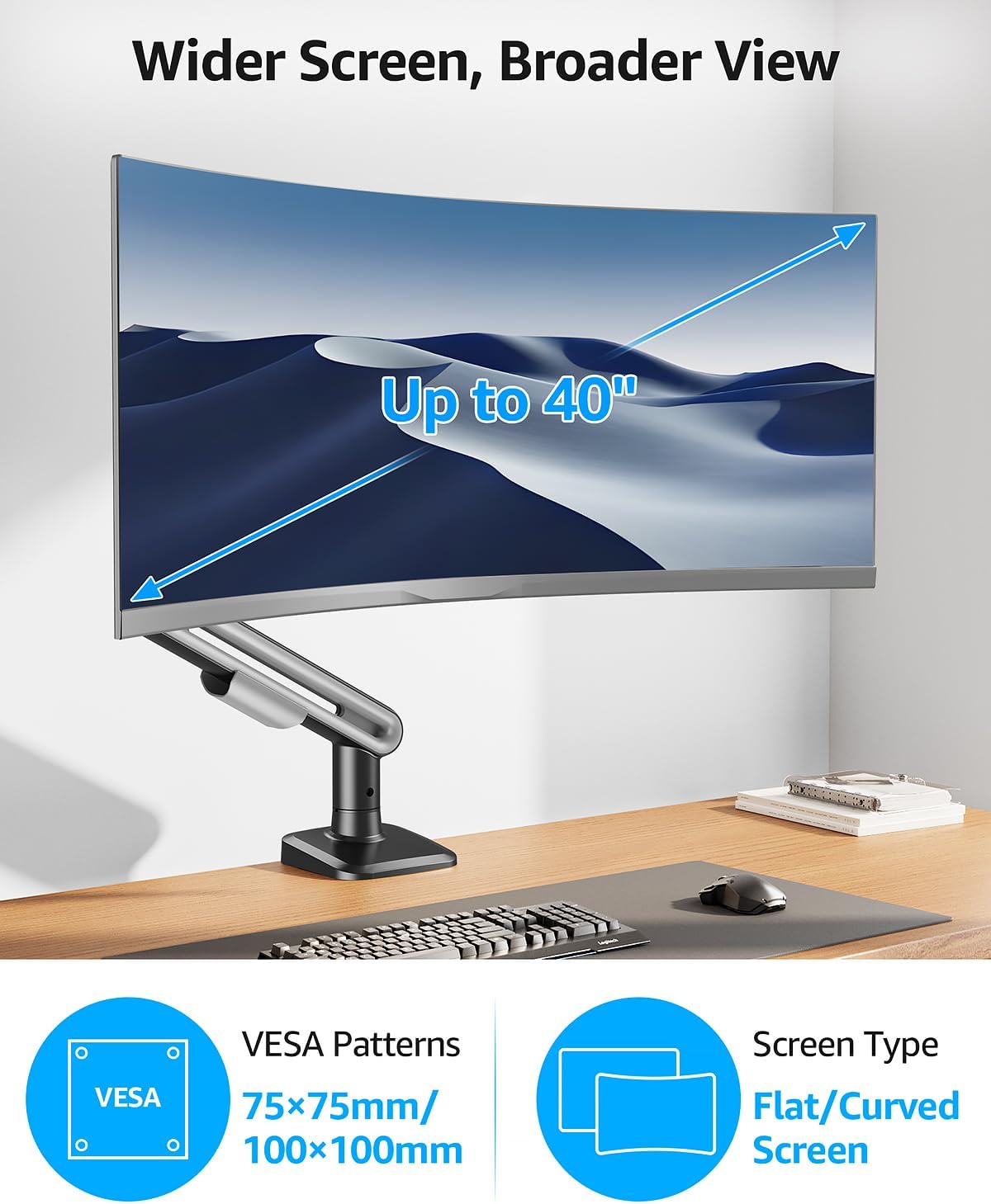 MOUNTUP Single Monitor Desk Mount for 4.4-26.5lbs, Heavy Duty Monitor Arm for 40 39 37 34 32 27inch, Full-Motion Monitors Stand, Height Adjustable Gas Spring Monitors Arm with C-Clamp＆Grommet Base