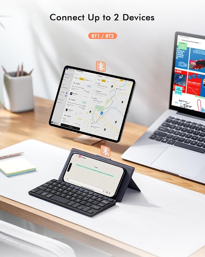 Doohoeek Universal Bluetooth Keyboard for Samsung Galaxy Z Fold, iPad mini 7 2024 & Phones, Dual Bluetooth Mini Keyboard with Any-Angle Kickstand & Leather Cover for Android, Windows and iOS
