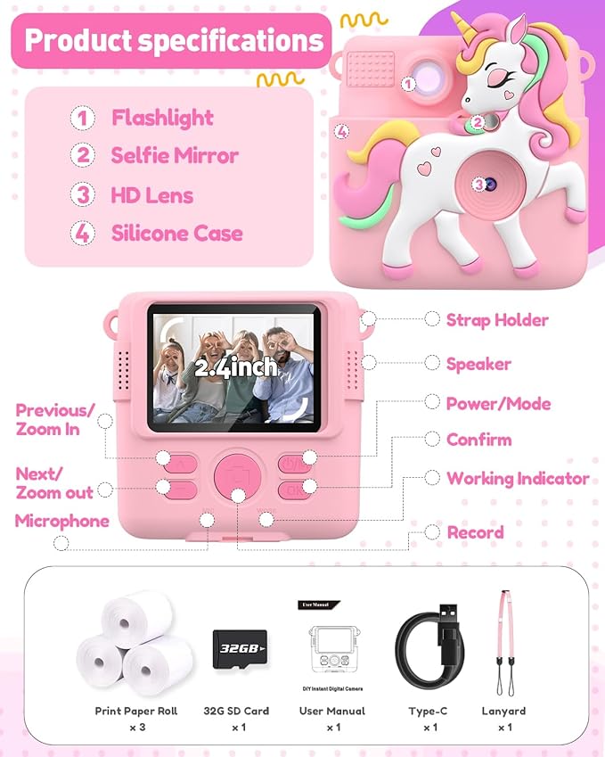 Kids Camera Instant Print with Silicone Cover, Creative Gifts for Girls Age 4-12 Birthday Christmas, 1080P Digital Camera Toy with 32GB SD Card - Pink
