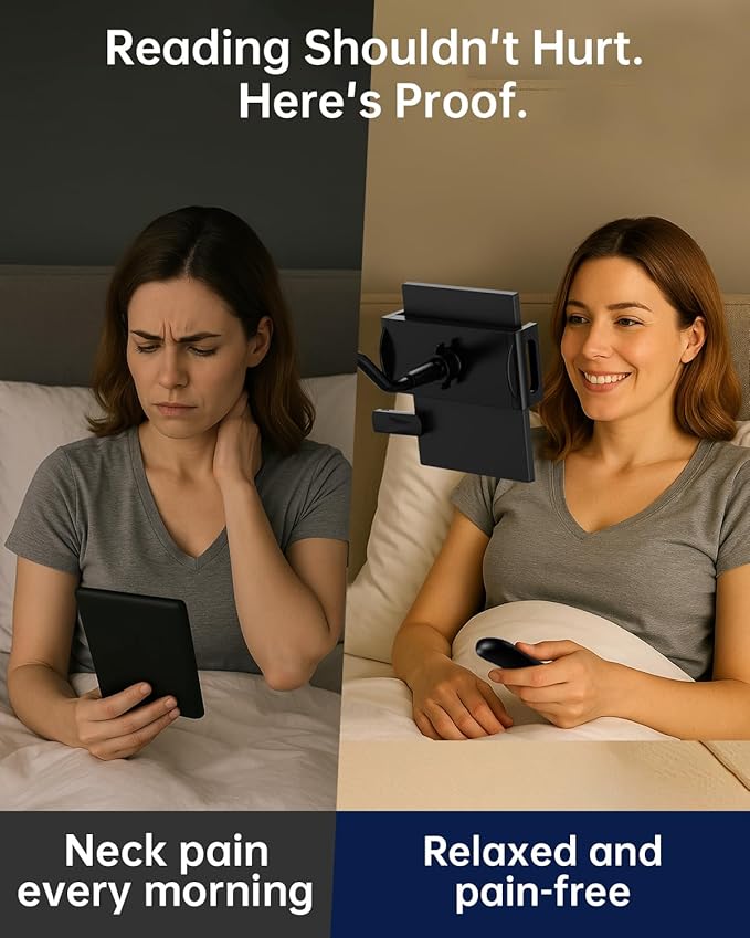 Kindle Holder with Remote Page Turner - Read in Bed Without Blocking Text or Adjusting Margins - Reduce Neck Strain - Quiet Page Turning for Kindle, iPad, iPhone