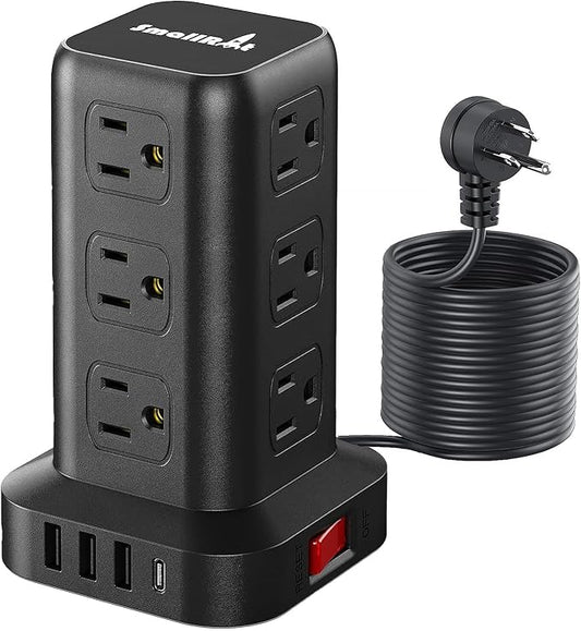 15FT USB C Power Strip Surge Protector Tower, Mini Power Strip Tower Travel 12 AC 4 USB Power Strip with USB Ports, Overload Protection for Home Office