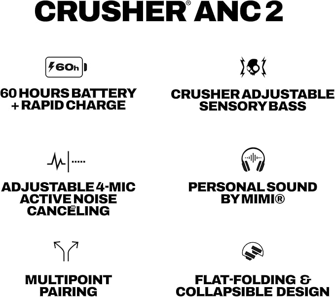 Skullcandy Crusher ANC 2 Wireless Over-Ear Bluetooth Headphones with Multi-Sensory Bass, Active Noise Cancelling, Up to 60 Hours Battery, Microphone for iPhone Android - Black/Asphalt