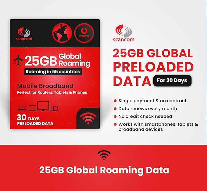 25GB Global Roaming Vodafone Data Sim Card - Perfect for Unlocked Devices - Activate When You Receive The SIM - Roaming for 30 Days in 55 Countries (Europe, USA & More)