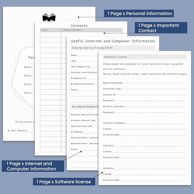 Password Book with Alphabetical Tabs, Hardcover Password Keeper, Size 4.4''x 6.1'' Password Notebook for Saving Internet Login, Username, Password Organizer for Computer & Website Logins, Blue