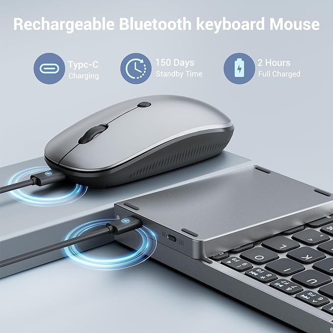 Foldable Keyboard and Mouse for Laptop, Travel Bluetooth Folding Keyboard Mouse with Portable Case, Rechargeable Keyboard for Business, 2.4G Wireless & Bluetooth, for iPad Tablets Laptop iOS Android