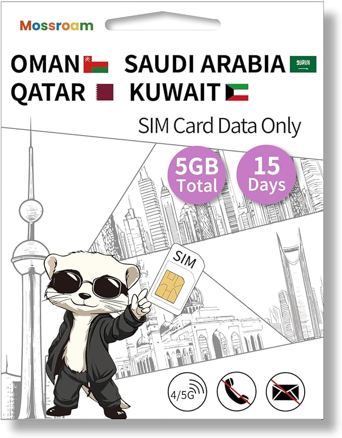 3-in-1 SIM Card for Saudi Arabia, Qatar, Oman, Kuwait – Prepaid Data Plans, Fixed Data 5GB,15 Days | Unlimited 4/5G Speed Internet