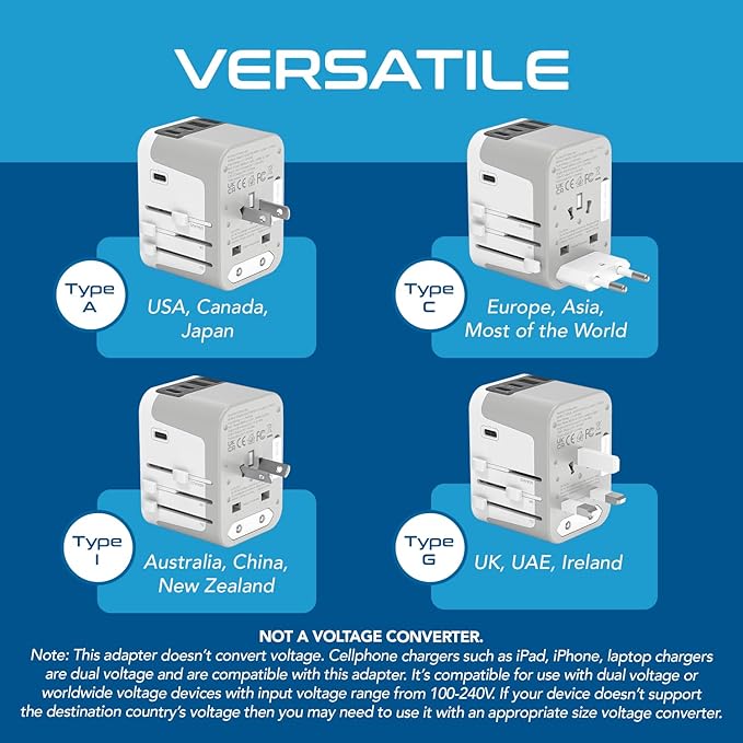 Ceptics 6 in 1 Universal Travel Adapter, Universal Outlet w/ 2X USB-A and 3X USB-C 6A, Travel Power Adapter for use in EU, UK, US, AU and More, Universal Plug for Mobiles, Laptops- UP-30KU-WH